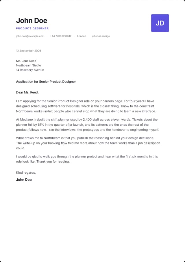 Beacon cover letter template. A filled square in the far corner from the name.