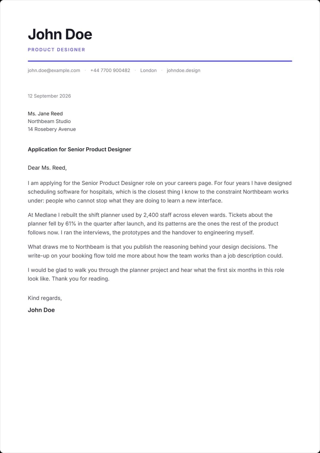 A finished cover letter set in the Aperture template, on A4.