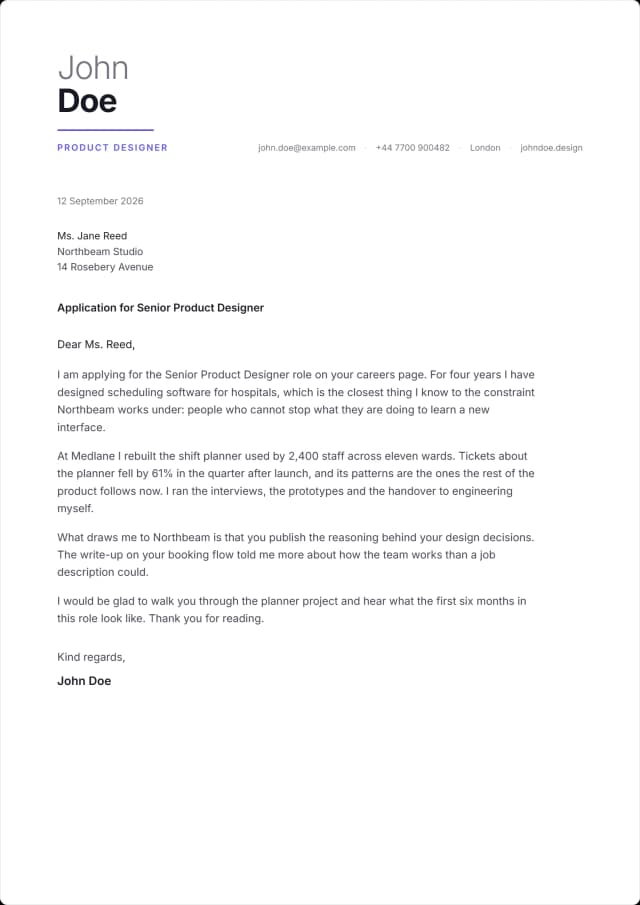 Atlas cover letter template. Surname stacked under the first at display size.