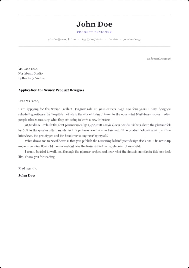 Broadsheet cover letter template. Centred letterhead held between two hairlines.