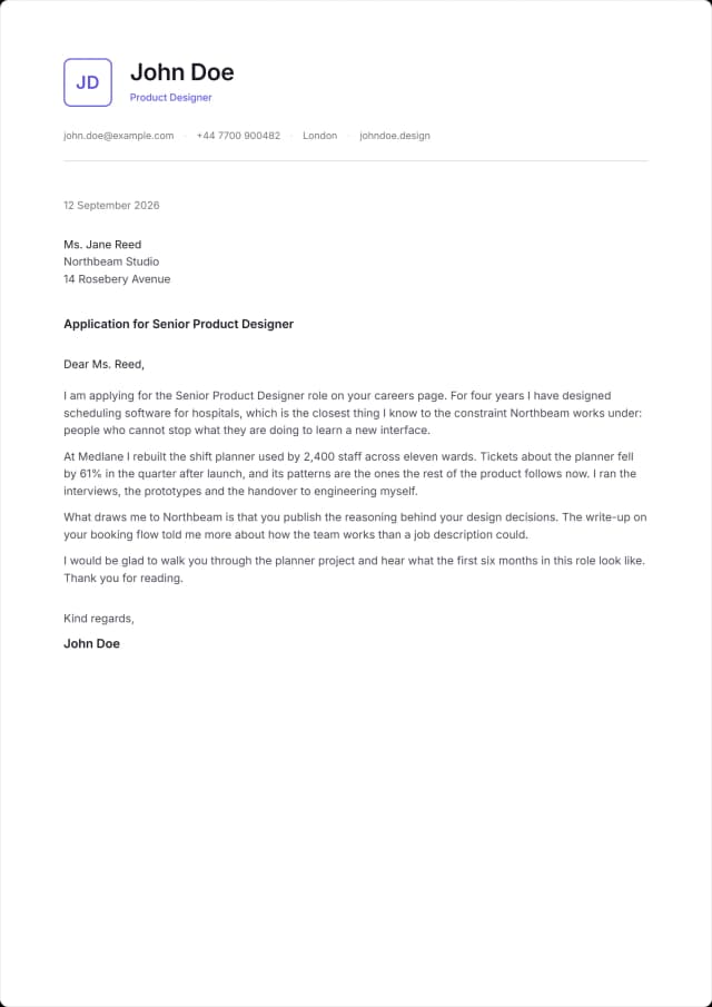 Cipher cover letter template. The same initials, outlined instead of filled.