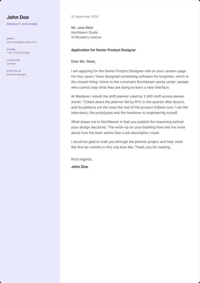 Column cover letter template. Contacts move into a tinted rail down the left.