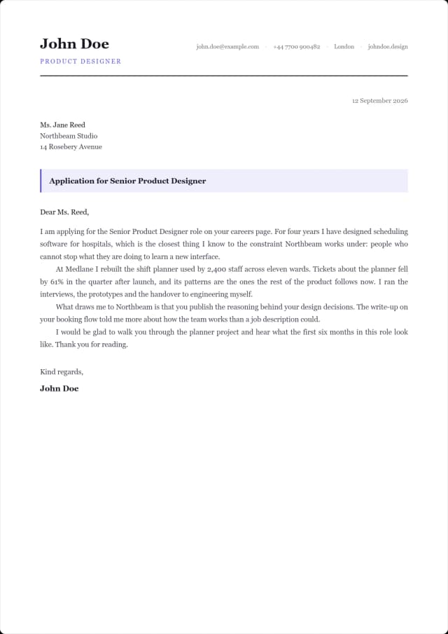 Docket cover letter template. The subject lifted into a tinted panel of its own.