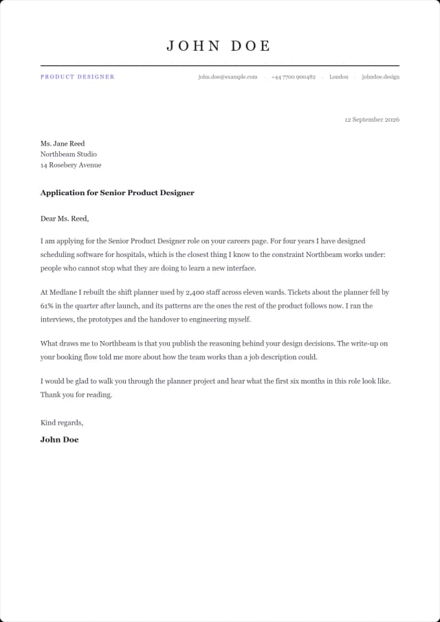 Folio cover letter template. Name in wide capitals across the sheet, ruled off underneath.