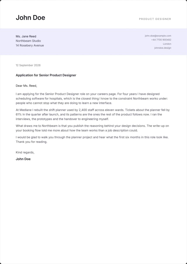 Gutter cover letter template. A tinted band across the middle carrying the address block.