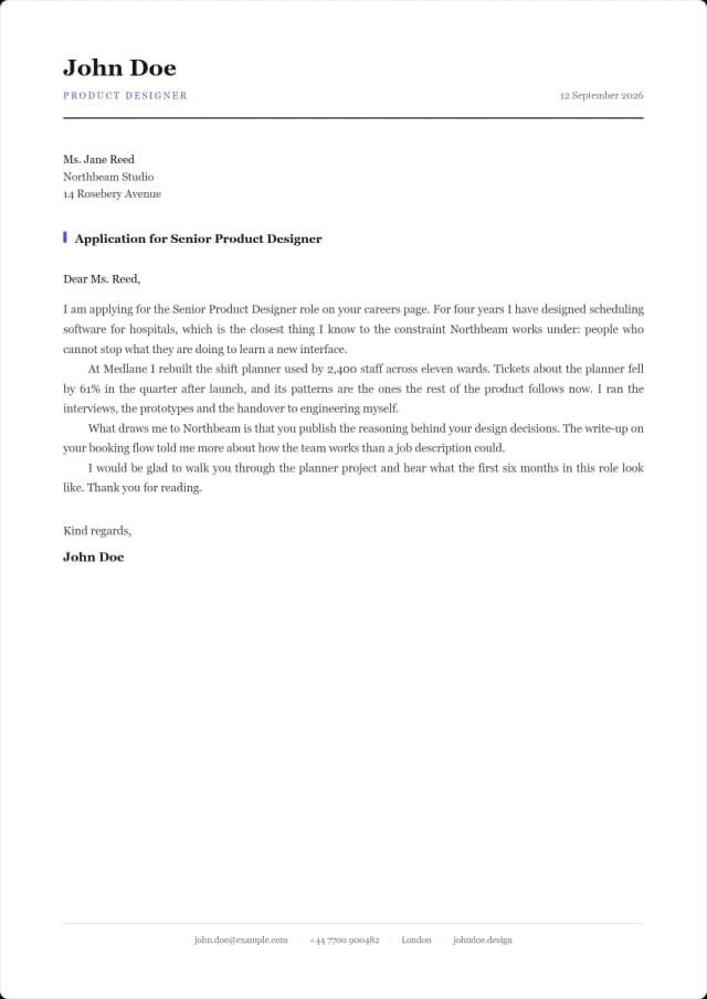 Ledger cover letter template. Ruled in ink at the head, letterhead repeated at the foot.