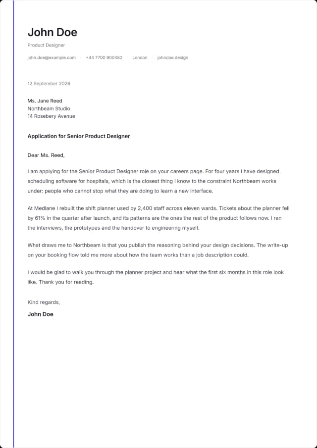 Margin cover letter template. One coloured hairline running the whole height of the sheet.