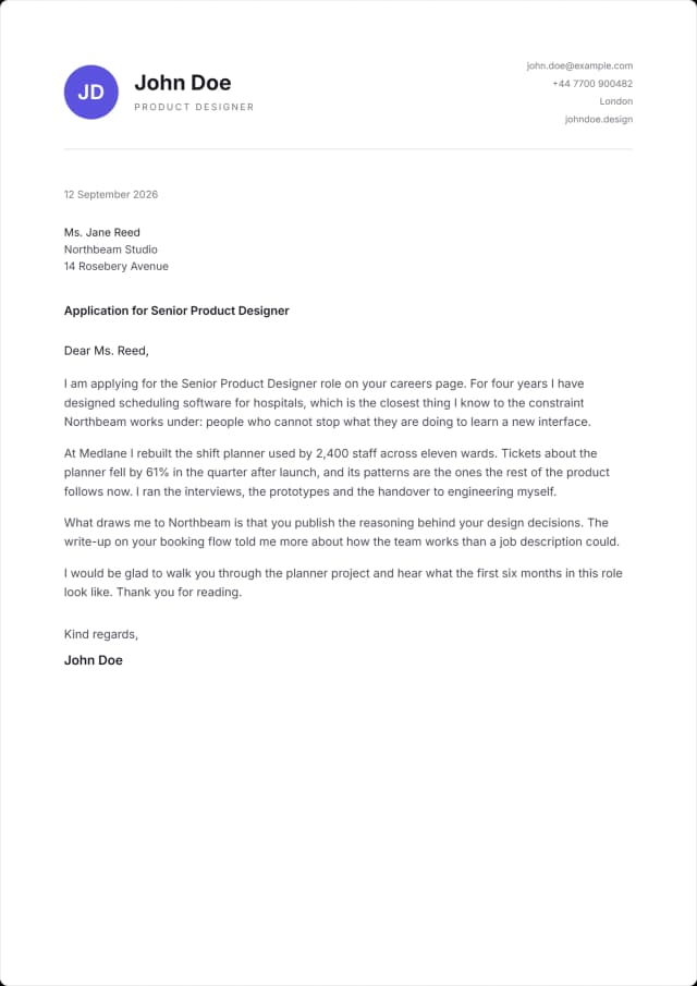 Monogram cover letter template. Initials in a filled disc, contacts squared off opposite.