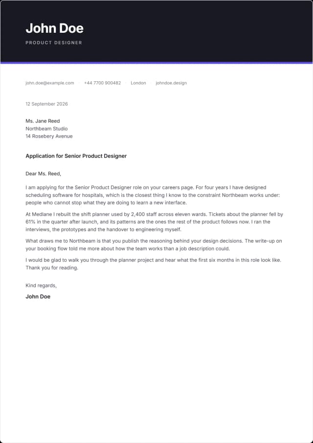 Plinth cover letter template. Name reversed out of a block of ink, one colour rule under it.