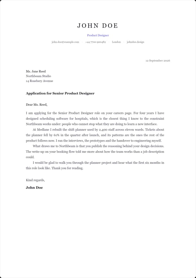 Quarto cover letter template. No rules at all. Wide margins and letterspacing carry it.