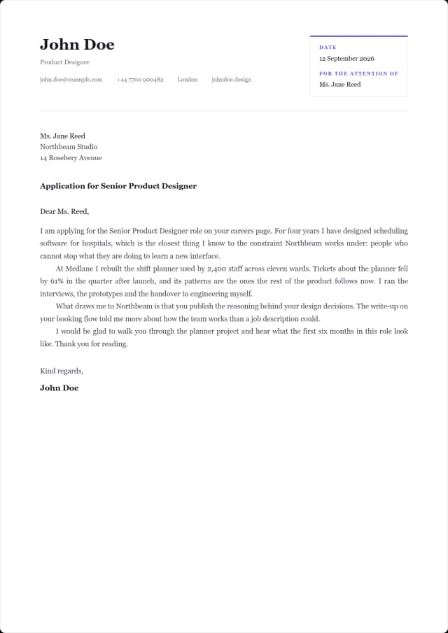 Register cover letter template. A boxed reference block where a clerk looks first.