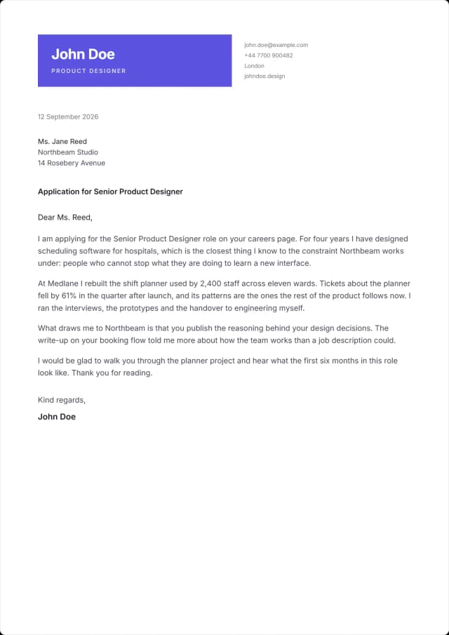 Relay cover letter template. Name reversed out of a solid block, contacts alongside it.