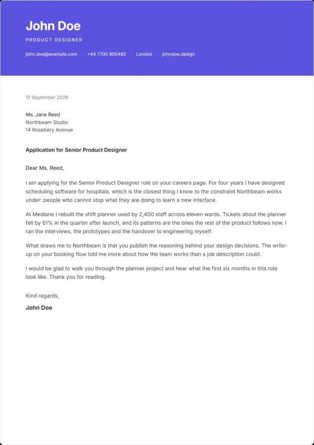 Signal cover letter template. A full colour band carries the name, the letter stays plain.