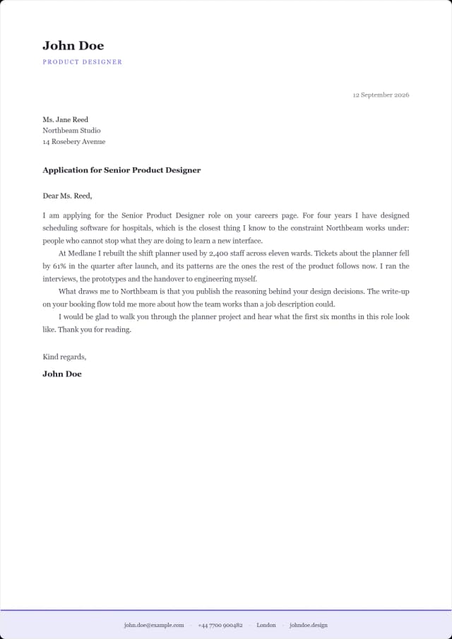 Tally cover letter template. Bare head, with a tinted footer band carrying the contacts.