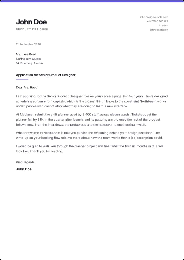 Vertex cover letter template. A colour bar bled edge to edge along the top.