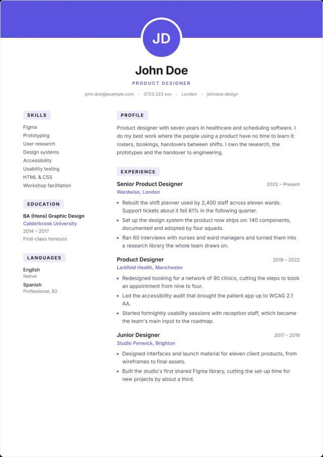 Arc CV template. Photo set into a band of colour, the name centred under it.