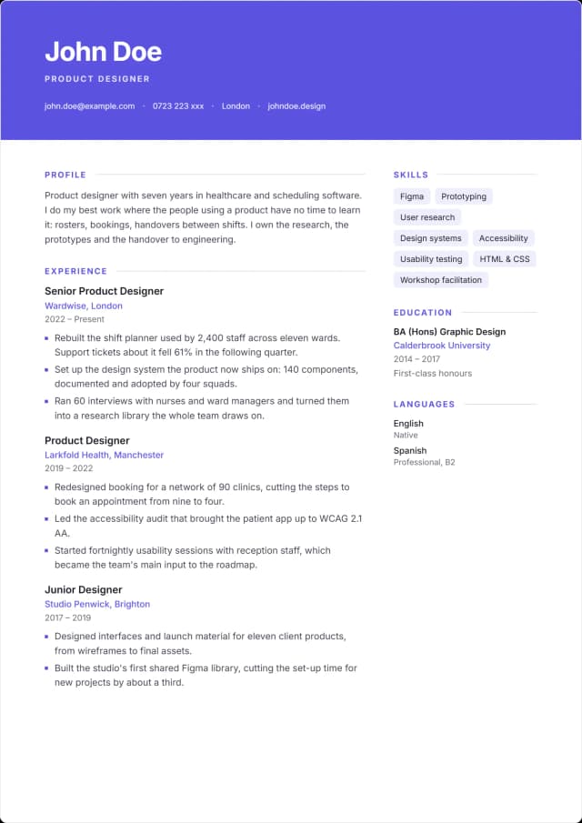 Banner CV template. Name reversed out of a full colour band across the top.