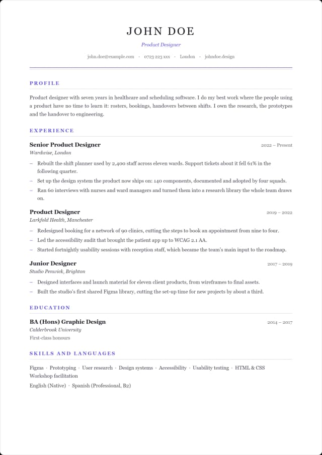 Chancery CV template. Centred serif heading between hairlines, set like a document.