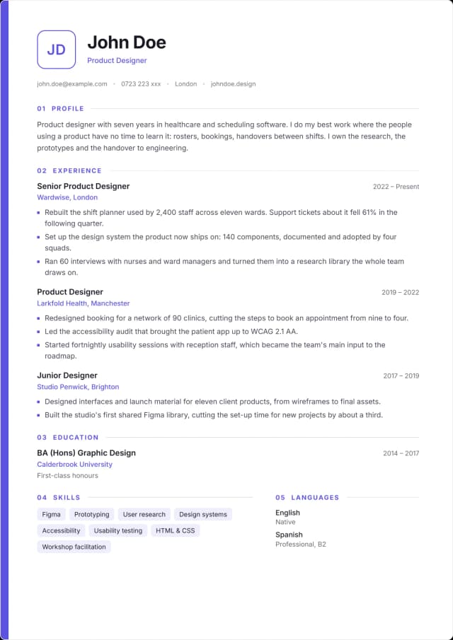 Folio CV template. Colour down the page edge, sections numbered like chapters.