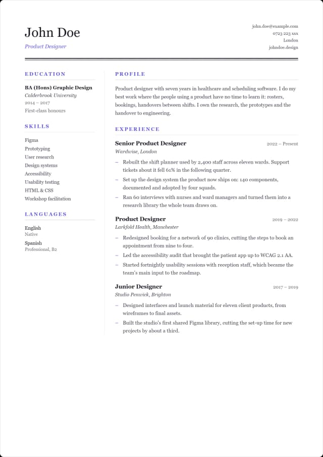 Ledger CV template. Serif in two columns divided by a hairline, under a double rule.