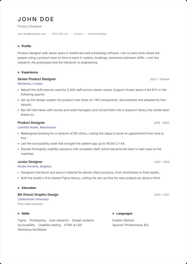 Linen CV template. Wide margins, a spaced-out name and a dot of colour per section.