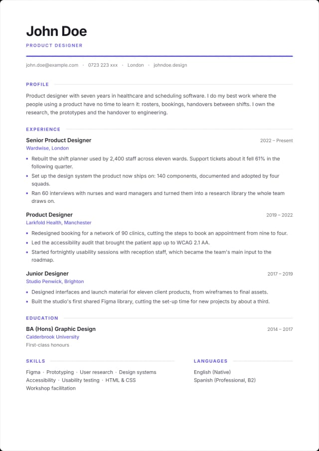 Meridian CV template. Name at full size over a thick rule, one column all the way down.