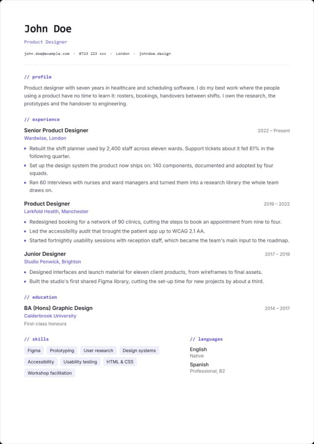 Mono CV template. Name and headings in a monospace, written like comments in code.