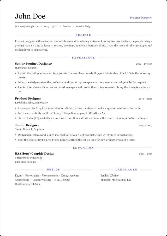 Oxford CV template. Name and italic role on one line, sections centred between rules.