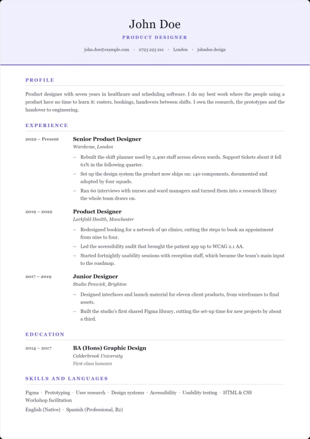 Regent CV template. Name centred in a tinted head, every job led by its dates.