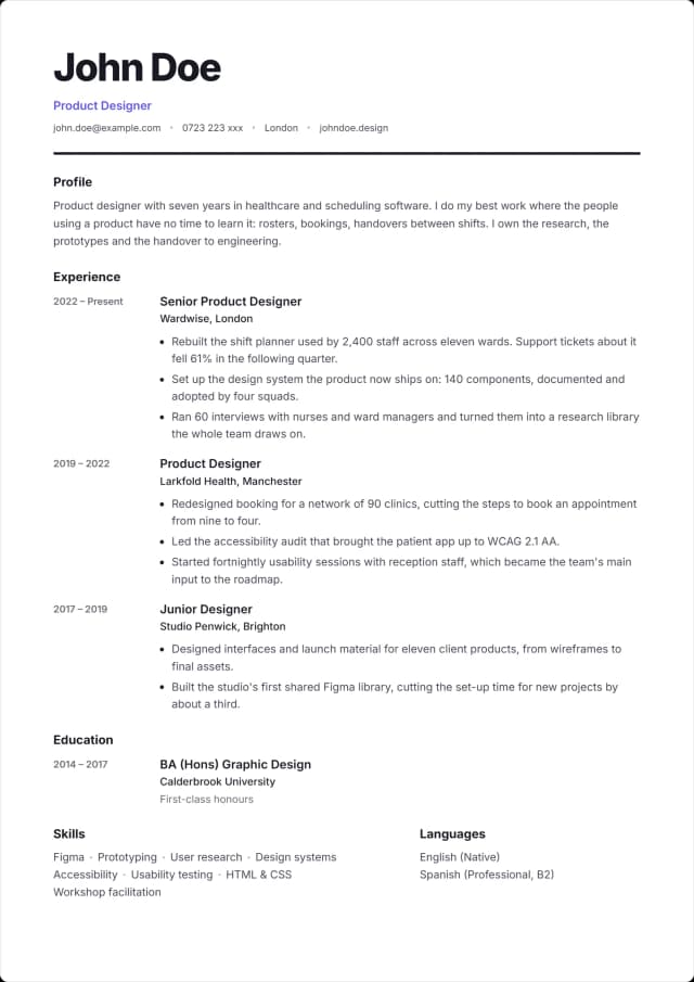 Swiss CV template. A very large name over a heavy rule, every entry led by its dates.