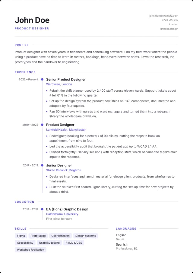 Thread CV template. Jobs strung on a vertical line, dates in the gutter beside it.