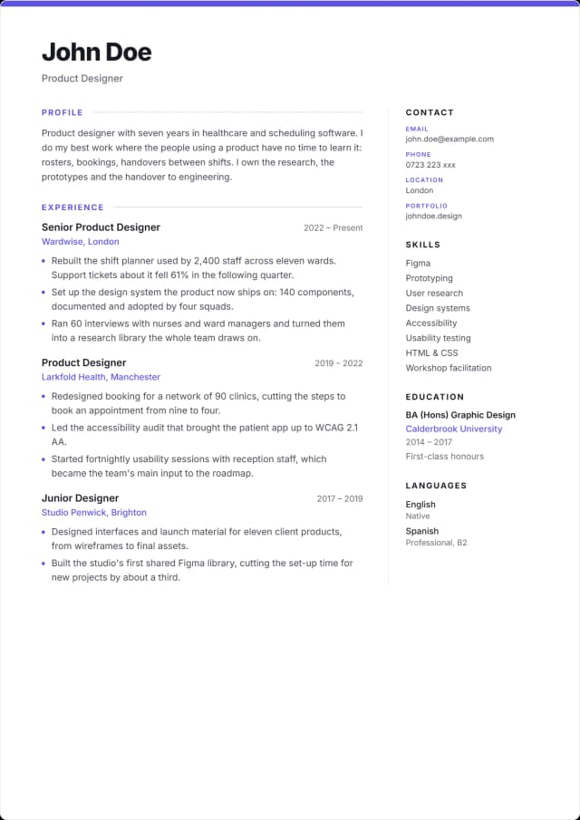 Vector CV template. Bold name under a stripe of colour, short facts in a right column.